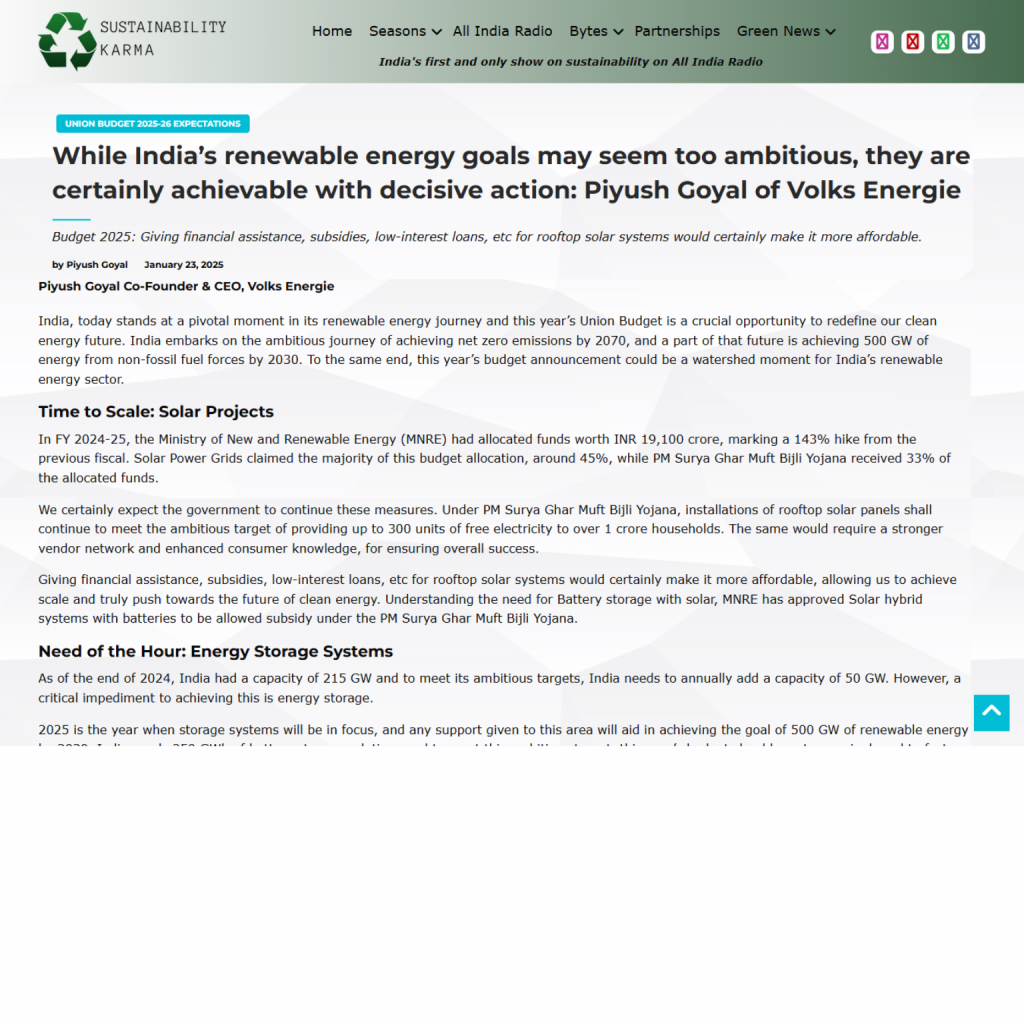 While India’s renewable energy goals may seem too ambitious, they are certainly achievable with decisive action: Piyush Goyal of Volks Energie