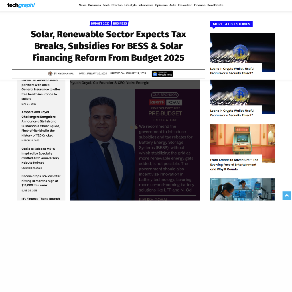 Solar, Renewable Sector Expects Tax Breaks, Subsidies For BESS & Solar Financing Reform From Budget 2025
