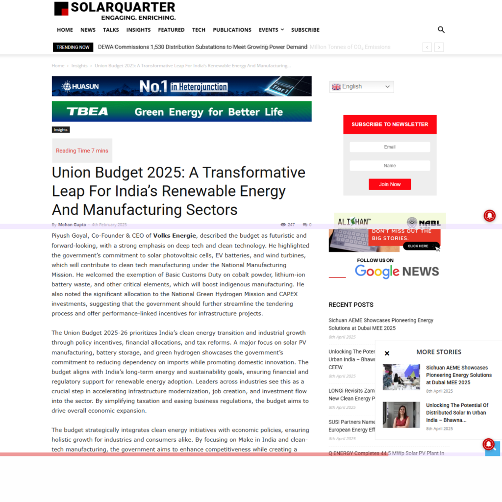 Union Budget 2025: A Transformative Leap For India’s Renewable Energy And Manufacturing Sectors