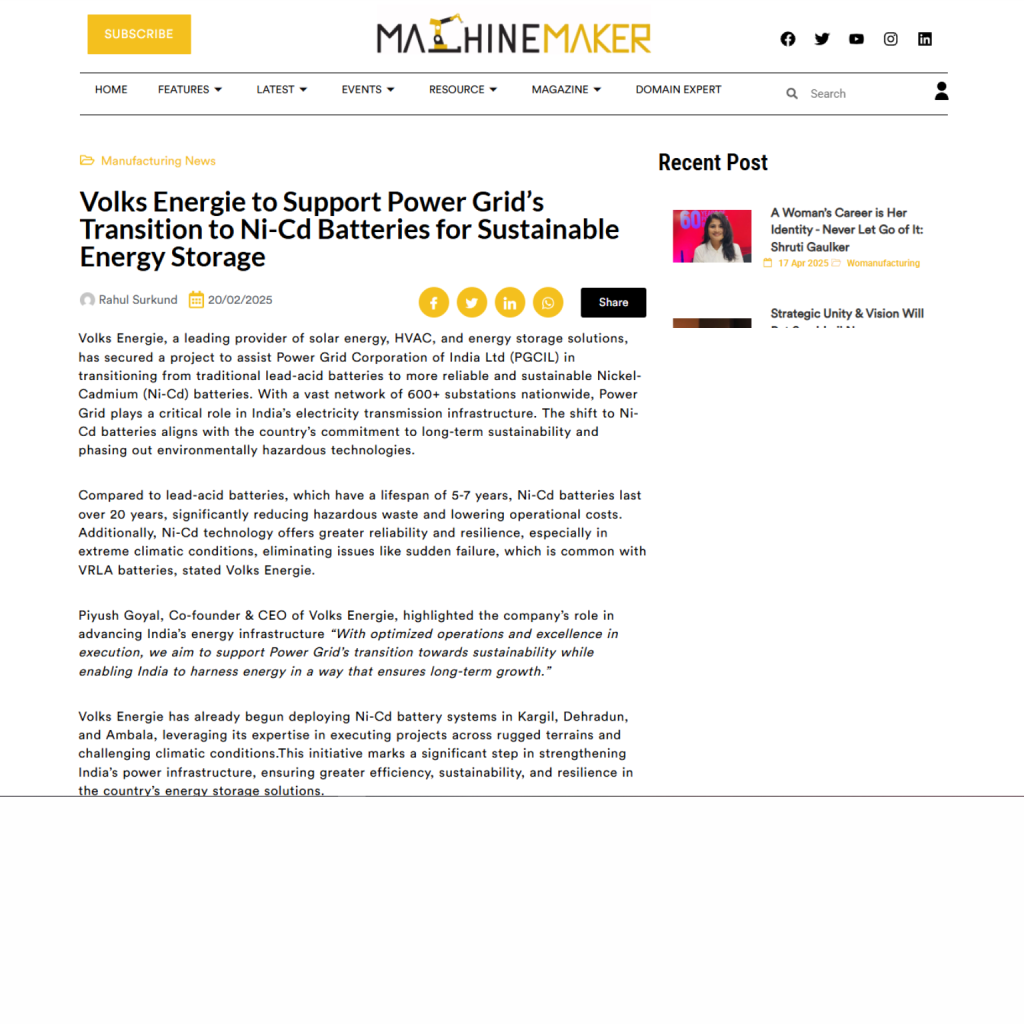 Volks Energie to Support Power Grid’s Transition to Ni-Cd Batteries for Sustainable Energy Storage